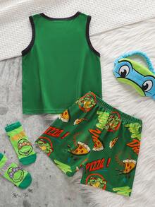 TEENAGE MUTANT NINJA TURTLES | SHEIN 2pcs/Set Young Boy Casual Style Cartoon Print Vest & Shorts Pajamas - Multicolor - View 2
