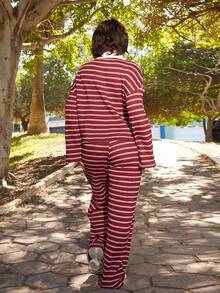 Lupita Cardoza Women's 2pcs Set Loose Striped V-Neck Drop Shoulder Long Sleeve T-Shirt &Elastic Waist Striped Pants, Winter Sweater Suit ,Autumn/Winter Christmas Red New Year 2 Piece Lounge Sets Woman Two Piece Set Women Comfy Lounge Wear Striped Set, Christmas Pajamas Family,Fall,Fall Clothes For Women Casual Spring Valentine's Day - Red - View 2