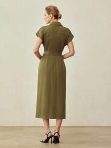 MOTF PREMIUM SPRING/SUMMER LINEN BLEND UTILITY POCKET TIE-WAIST MIDI DRESS, VINTAGE STYLE - Army Green - View 4