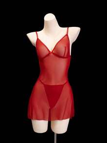 SHEIN 2 件套女士无线网眼内衣吊带裙套装，性感新娘内衣，适合外出 - 紅色 - 查看 3