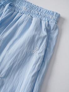 Lyxana Women's Solid Color Casual Bow Embroidered Straight Leg Pants - Blue - View 3