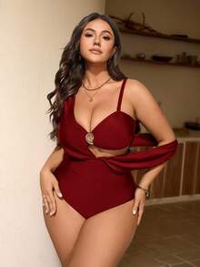 Swim Chiccia Plus Size 3 PiecesElegant Brown Metal Buckle Decorated One-Piece Swimsuit, Can Be Worn Separately With Outfits, Suitable For Party And Holiday - Red - View 2