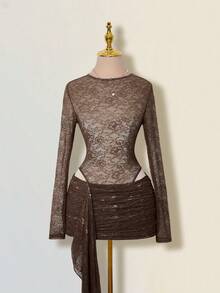 SHEIN ICON Women's Brown Floral Chic Summer Club Night Sheer Round Neck Lace Patchwork Jumpsuit And Mini Skirt 2 Pieces Set,Wedding Guest Party Outfits - Brown - View 8