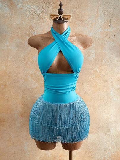 Mistrie Women's Sexy Blue Halter Sleeveless Fringe Mini Skirt
