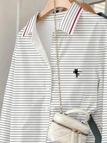 Resyla 女士落肩长袖条纹纽扣休闲衬衫 - 彩色 - 查看 3