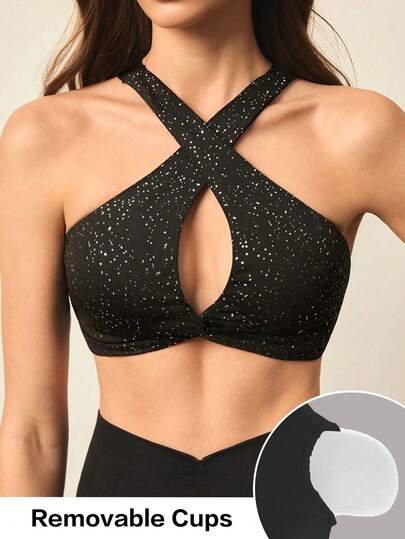 With My Calm 女士纯色亮面交叉镂空运动文胸