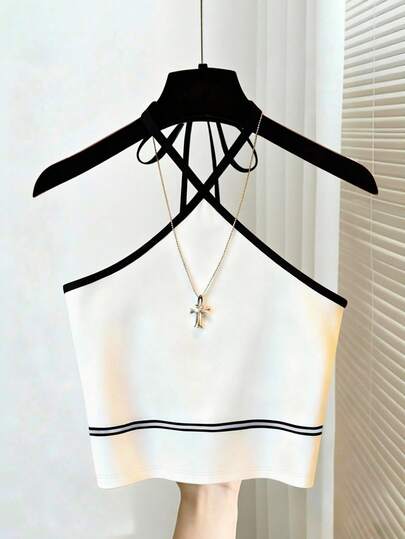 Franclia 女士极简主义略带性感黑白撞色露背系带露脐上衣，饰有条纹滚边