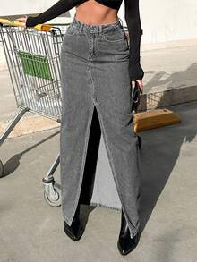 RueChic Women's High Slit Long Slim Denim Skirt - Dark Grey - View 3