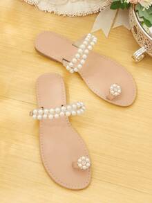 CUCCOO HITCHD Women's Pearl Decorated Round Toe Flat Sandals Wedding Shoes Summer Shoes Bride Shoes - Baby Pink - View 1
