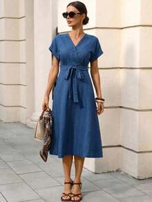 Women's Regular Apricot V-Neck Tie-Up Linen Dress  Spring/Summer Beach Spring Summer Outfits Hides Belly - Blue - View 3