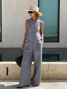 DAZY Conjunto casual de 2 piezas de top sin mangas con volantes en el bajo y pantalones de pierna ancha a rayas para mujer - Gris - Ver 4