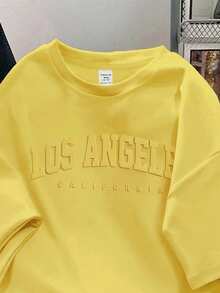 SHEIN EZwear 宽松休闲极简主义英文文字压纹图案圆领短袖T恤，黄色 - 黃色 - 查看 4