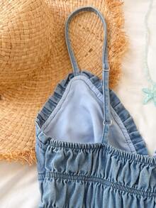 Comfortcana Bộ áo liền quần denim xếp ly thoải mái dành cho nữ, thích hợp mặc hàng ngày, hẹn hò hoặc đi chơi. - Rửa nhẹ - Xem 6