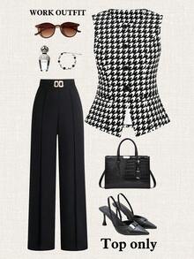 Ellevyn Women's Houndstooth Single-Breasted Casual Everyday Shirt - Black and White - View 1