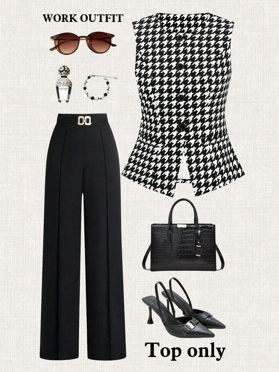 Ellevyn Women's Houndstooth Single-Breasted Casual Everyday Shirt - Black and White - View 1