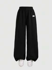 SHEIN 少女蝴蝶结罗纹印花T恤和打底裤两件套，休闲日常时尚百搭 - 黑色 - 查看 6