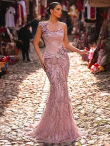 Glamrae 优雅奢华的珍珠亮片刺绣3D花卉图案缎面美人鱼裙，适合婚礼、派对、度假、舞会、正式场合（装饰繁复） - 藕粉色 - 查看 1