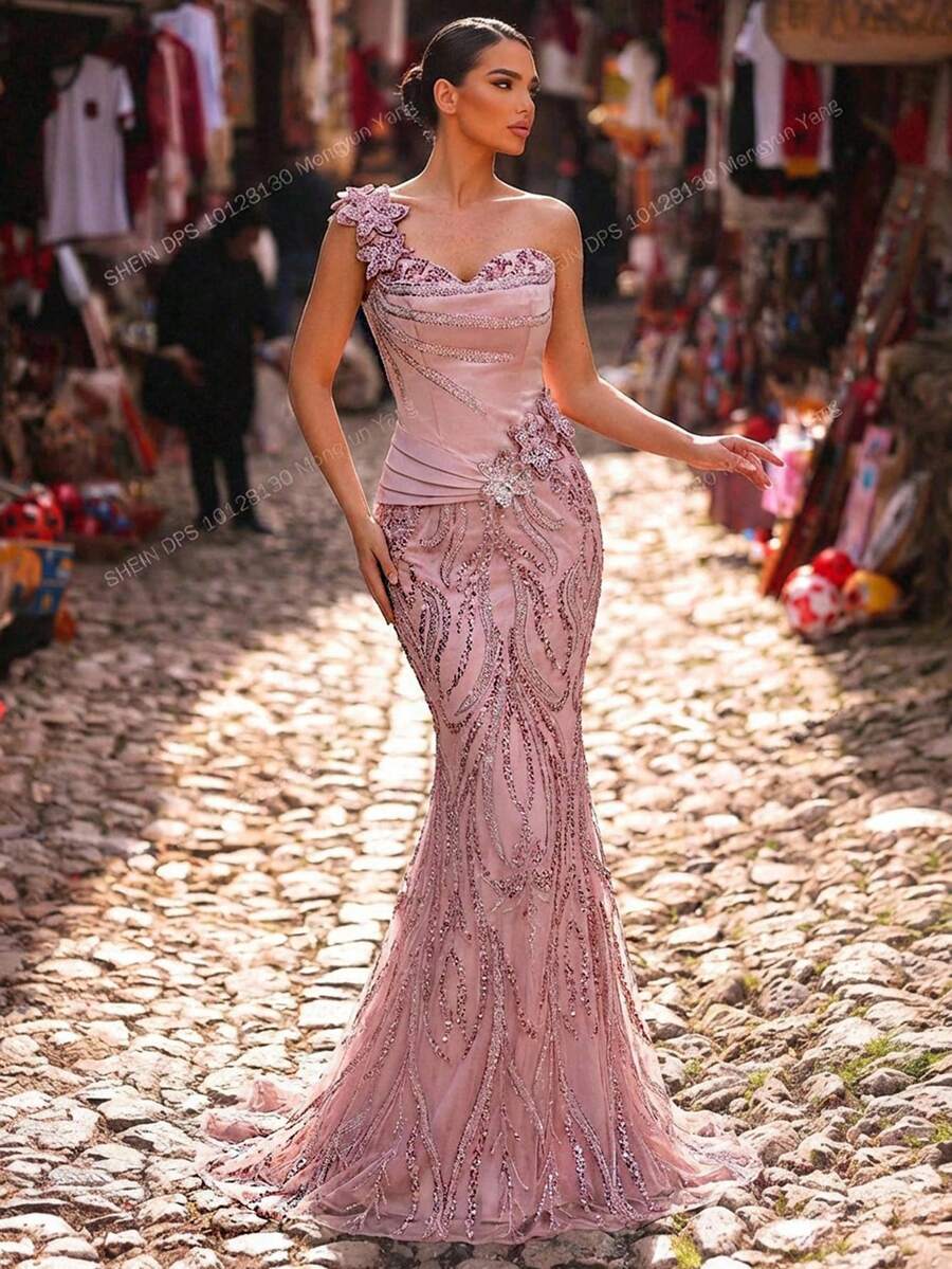 Glamrae 优雅奢华的珍珠亮片刺绣3D花卉图案缎面美人鱼裙，适合婚礼、派对、度假、舞会、正式场合（装饰繁复） - 藕粉色 - 查看 1