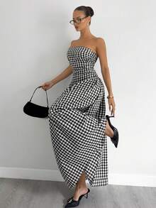 Siren Gaze Damklänning med rutig midja och elegant lång passform, lämplig för fester och evenemang på sommaren - Brun - Visa 4