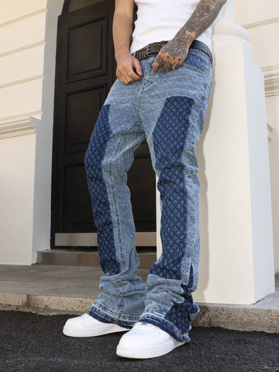 Manfinity LEGND 男士拼接提花蹄印修身弹力喇叭牛仔裤 - 淺色水洗藍 - 查看 1