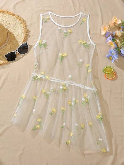 K-Vae Women's Summer New Sweet Floral Embroidered Mesh Dress, Loose Flattering Sleeveless Short Dress
