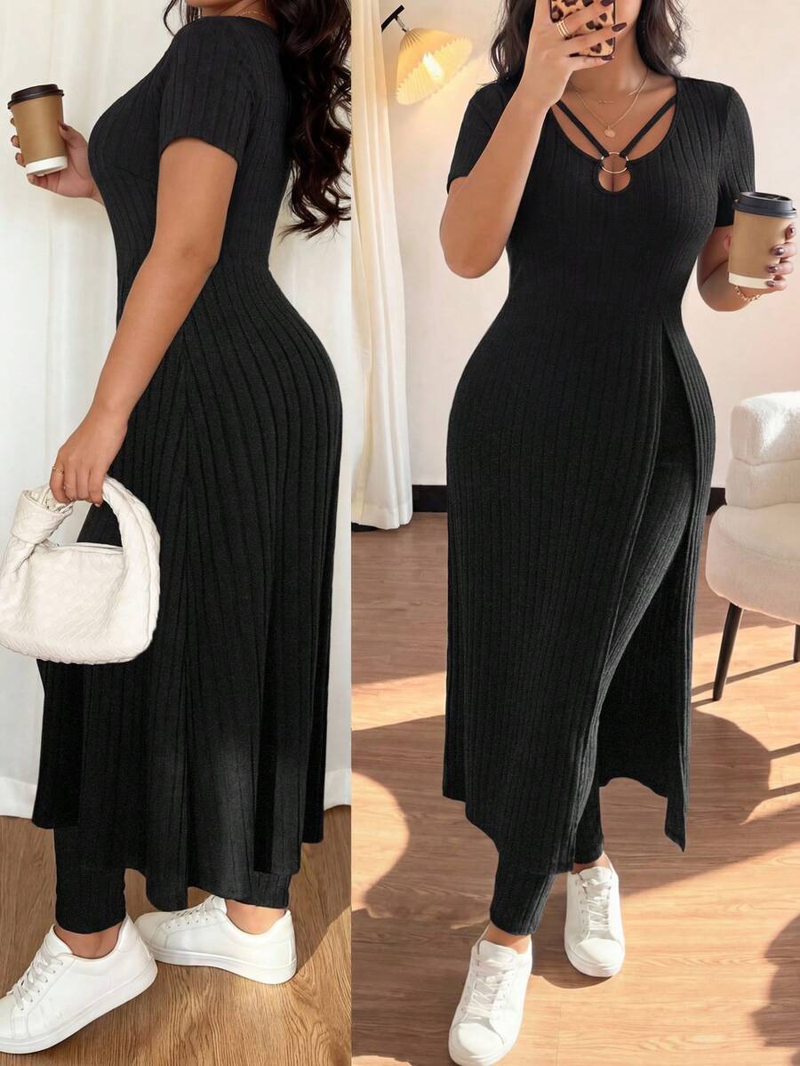 Elenzga 2pcs/Set Plus Size Women's Elastic Knit Ribbed Long Sleeve Top And Leggings, Hollow-Out Design With Metal Decor, Versatile For Commuting And Daily Wear - Black - View 1