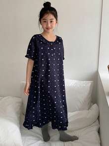 Dazy Kids Tween Girl Heart Print Ruffle Hem Nightgown Loungewear Summer - Navy Blue - View 3