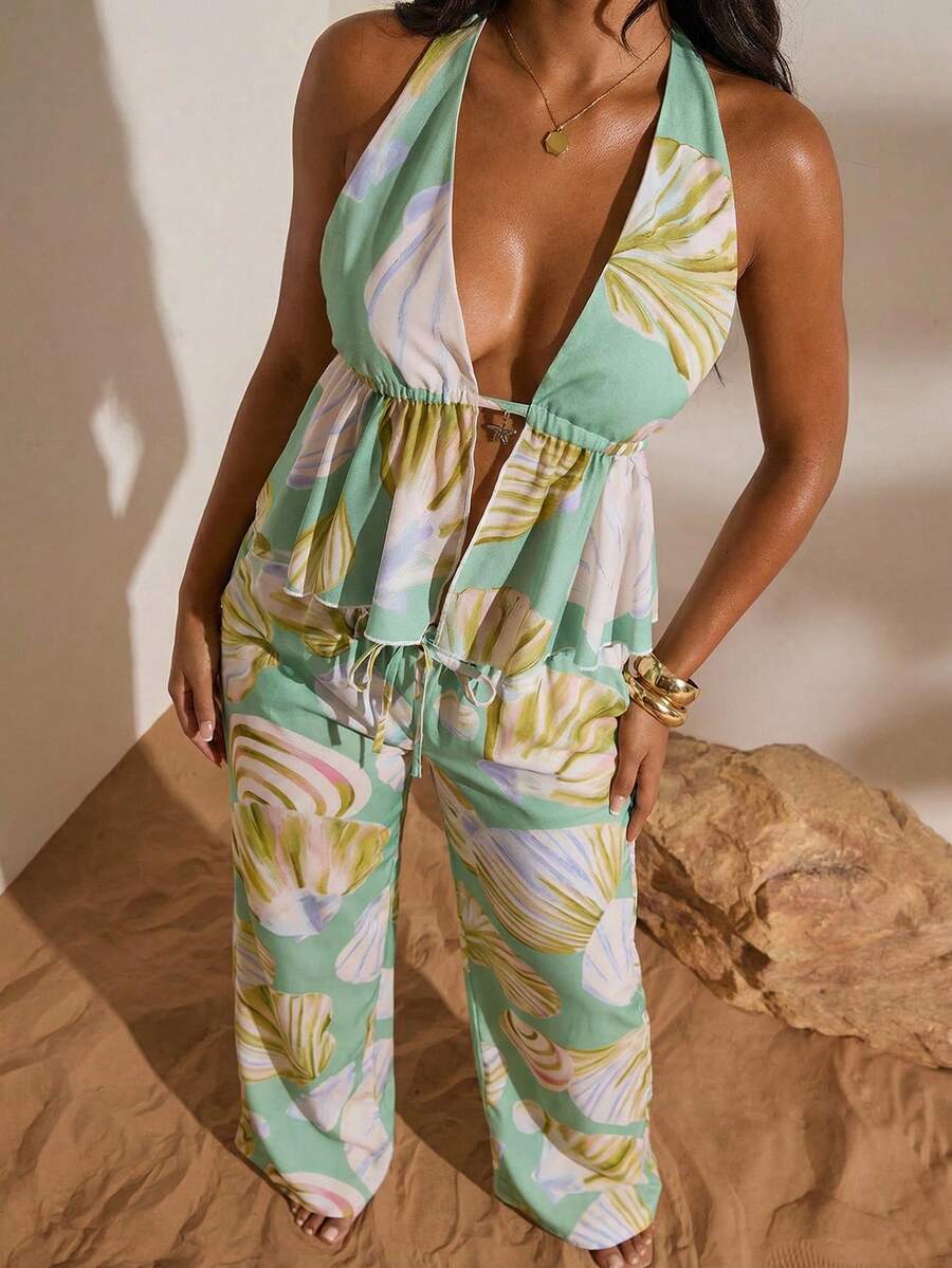 Opulessa Women's Chiffon Printed Halter Top & Loose Straight Leg Pants 2 Pieces Set, Spring/Summer Vacation - Green - View 1