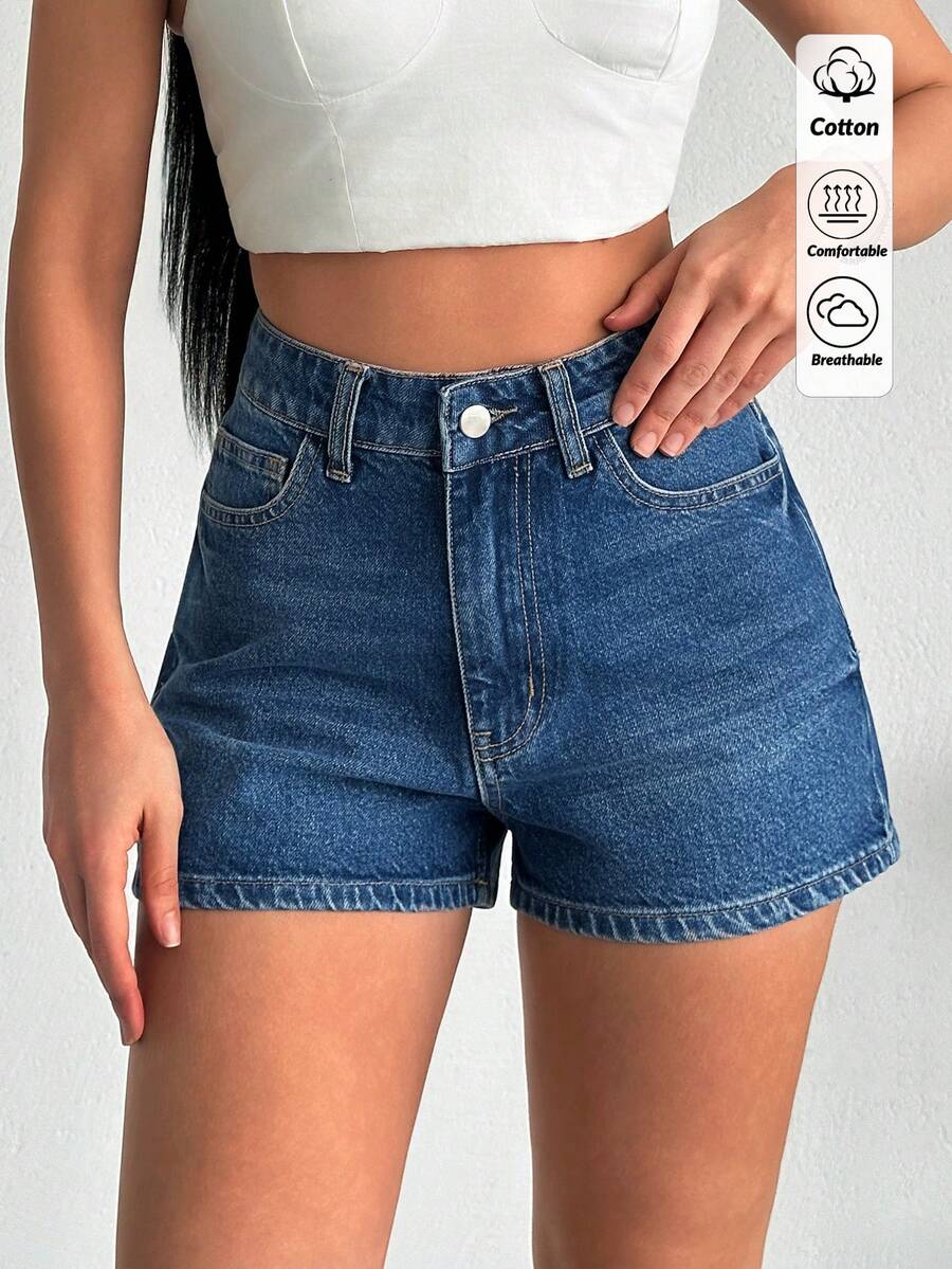 SHEIN 高腰 100% 纯棉女士牛仔蓝水洗短裤 - 中等水洗藍 - 查看 1