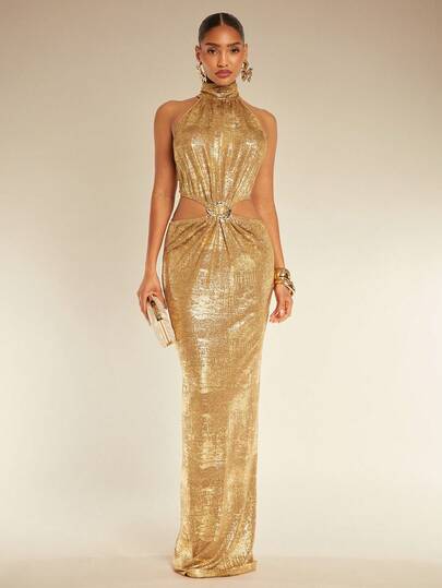 Silquee Đầm cổ yếm thời trang eo khoét rỗng họa tiết kim loại dành cho nữ