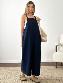 100% Cotton Loose Fit Denim Jumpsuit - Dark Wash - View 3