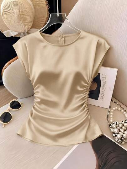 Franclia Blusa elegante de mujer con cuello redondo, cintura ceñida, ajustada, con pliegues y mangas cortas, versátil, de color melocotón claro sólido