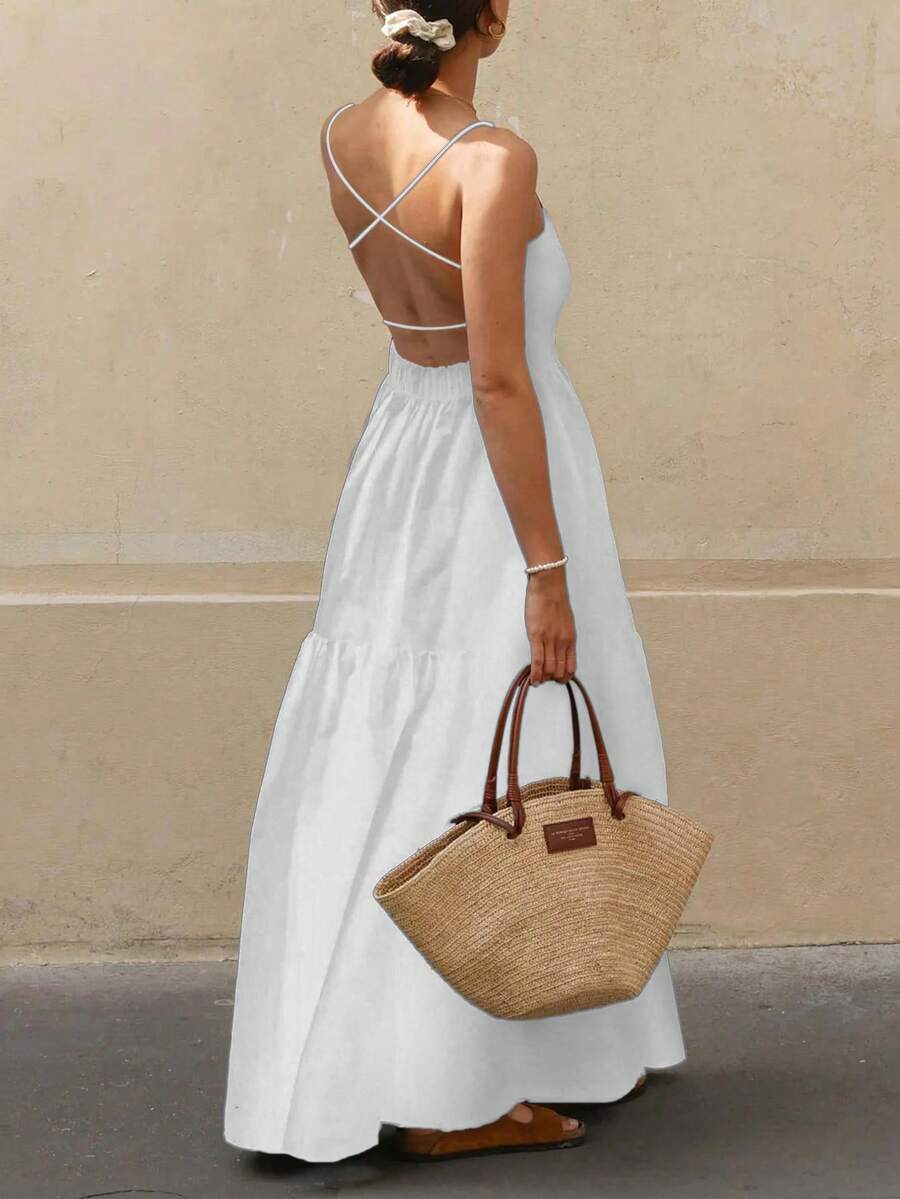 INAWLY Women's Solid Color Spaghetti Strap Criss-Cross Back Ruched Casual Dress - White - View 1