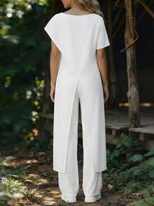 EMERY ROSE Women's Summer Casual Fashionable Asymmetrical Sleeve Wrap Split Maxi Top - White - View 2
