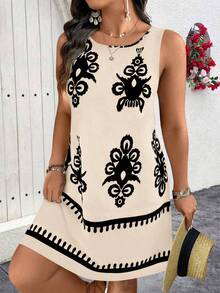 SHEIN Clasi Plus Size Women Casual Slimming Print Sleeveless Dress - Apricot - View 1