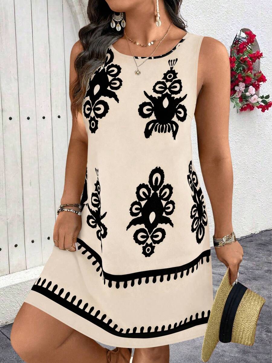 SHEIN Clasi Plus Size Women Casual Slimming Print Sleeveless Dress - Apricot - View 1