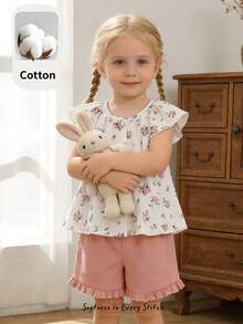 Cozy Pixies Bộ đồ 2 món cho bé gái: Áo cardigan tay ngắn in hoa và quần short cạp chun màu trơn. - Hồng - Xem 10