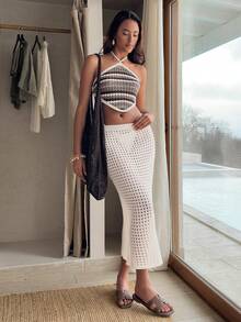 SHEIN Contrast Crochet Knit Halter Top & Solid Bodycon Midi Skirt Set - Apricot - View 5