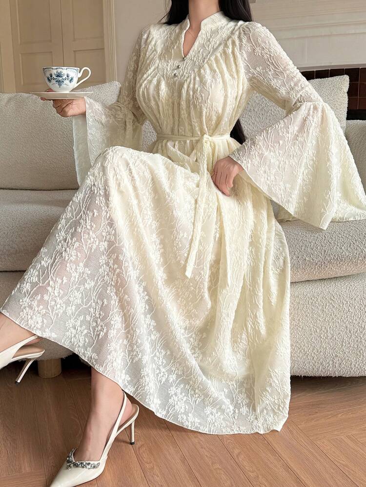 Women's Elegant Lace Stand Collar Flare Sleeve Belted Mid-Length Dress, Spring & Summer