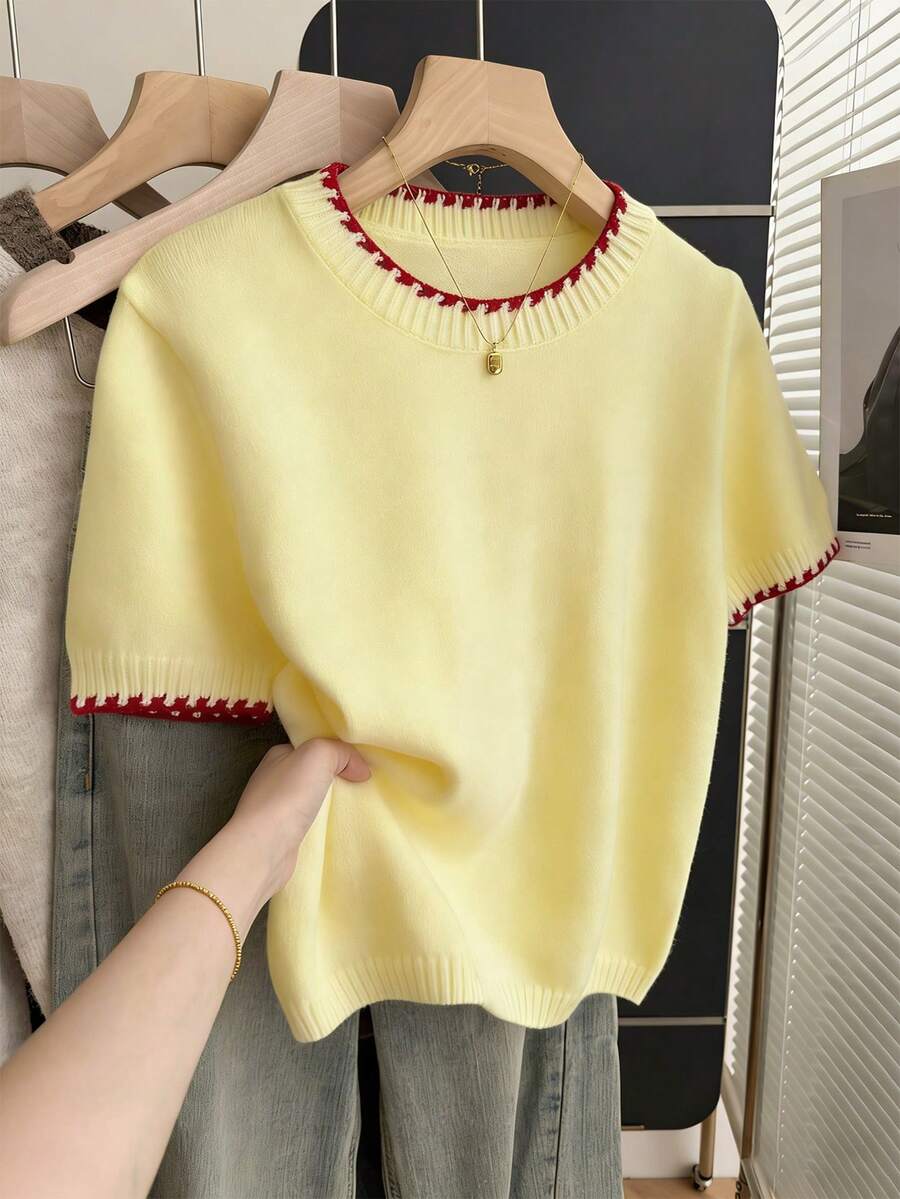 Franclia Áo dệt kim tay ngắn cổ tròn dáng rộng phong cách retro Pháp, phối màu dành cho nữ, thích hợp mùa xuân/thu. - Màu vàng - Xem 1