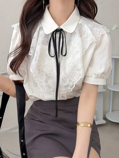 FRIFUL Women's Lace Patchwork Twist Elegant Short Sleeve Blouse