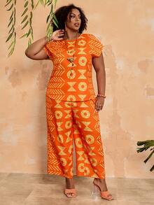 EMERY ROSE Set casual da donna taglie forti composto da top a maniche corte con stampa geometrica e pantaloni a gamba ampia, 2 pezzi - Multicolore - Visualizzare 1
