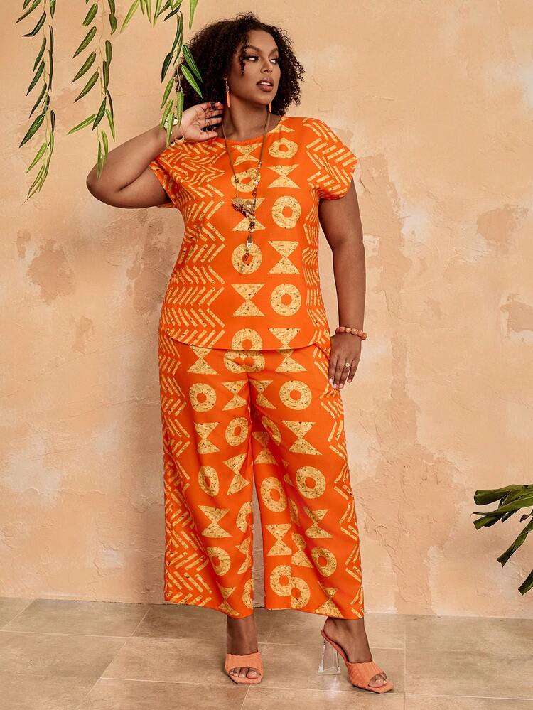 Plus Size Women Summer Orange Abstract Pattern Cap Sleeve Vibrant Geometric Print Top And Palazzo Pants Set Two Piece Outfit Summer Outfit For Plus Size Women Festival Outfits For Plus Size Women Beach Outfits For Plus Size Women Vacation Outfits Plus Size  Women Country Concert Outfit  Boho Outfit