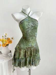 Elamini Y2K复古岛屿度假印花不对称下摆露背迷你连衣裙 - 綠色 - 查看 5