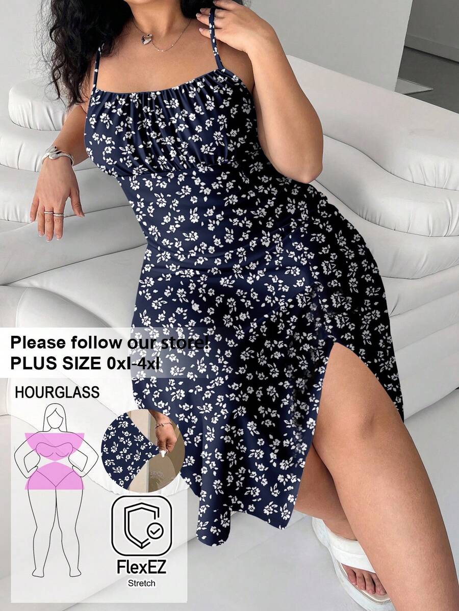 Solflare 大码夏季休闲碎花开衩吊带连衣裙 - 藏蓝色 - 查看 1