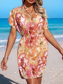 Swim Vcay Women's V-Neck Floral Print Ruched Beach Vacation Dress - Multicolor - View 1