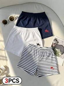 SHEIN 6个月-3岁新生儿男婴男女通用三件套 - 骑士骏马图案海军蓝、白色及海军蓝/白色条纹针织柔软舒适弹力腰带T恤和短裤，适合春夏、休闲、运动、时尚简约风格 - 彩色 - 查看 7