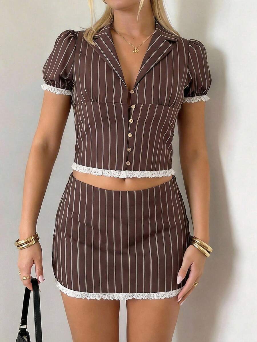 Aloruh 女士优雅泡泡袖条纹上衣和低腰A字迷你裙两件套