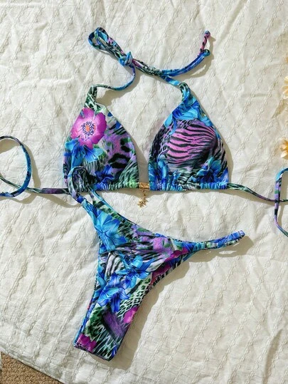 Elavelle Spring Break Women's Random Print Halter Metal Decor Sexy Bikini Swimsuit Set, Summer Beachwear Outfits