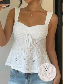 CovetEZ Áo tank top trắng khoét rỗng, buộc dây, kiểu dáng thường ngày, thích hợp cho kỳ nghỉ của nữ. - trắng - Xem 6